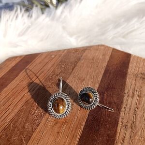 ↠ Vintage Avon Brown Tigers Eye Stone Oval Silver Drop Earrings